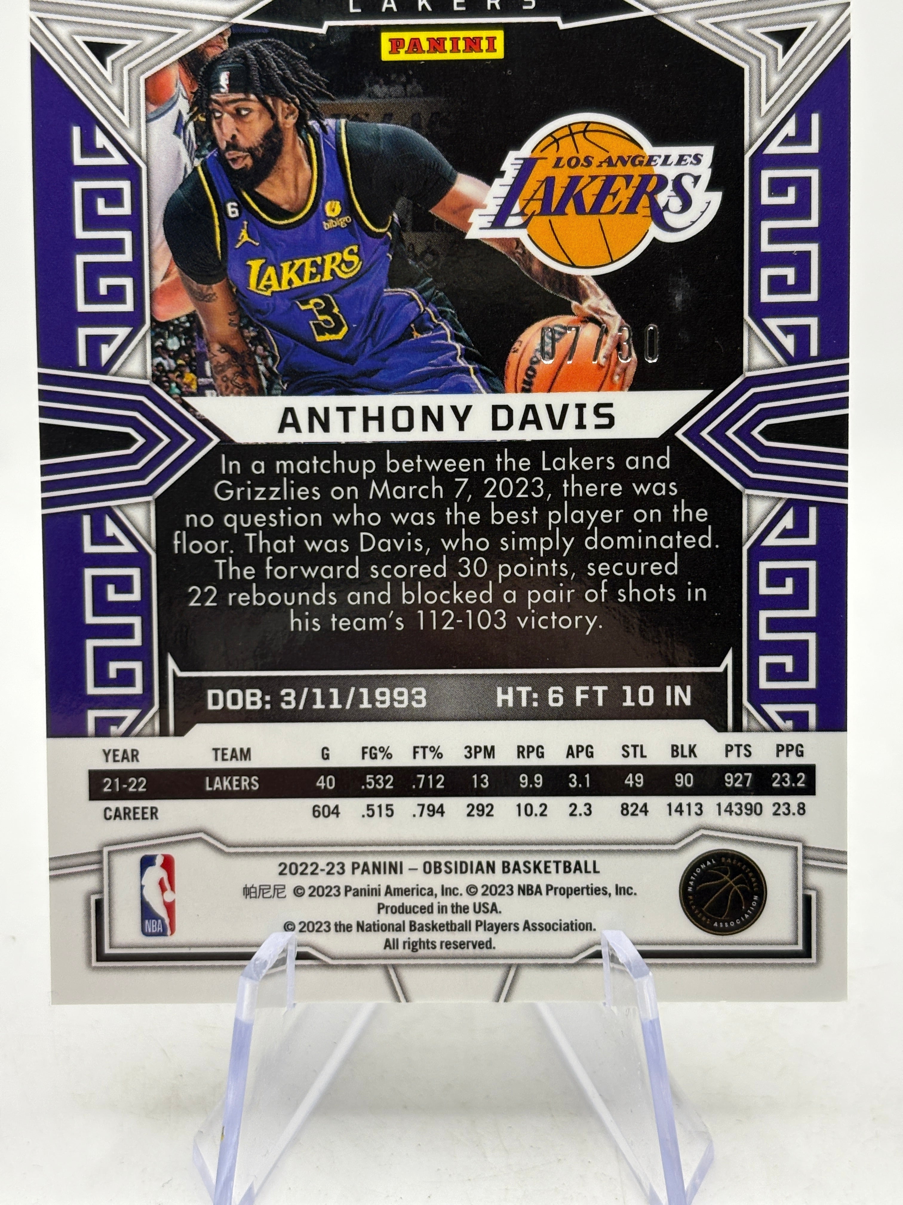 2022-23 Panini Obsidian Electric Etch Blue /30 Anthony Davis #23, photo 8